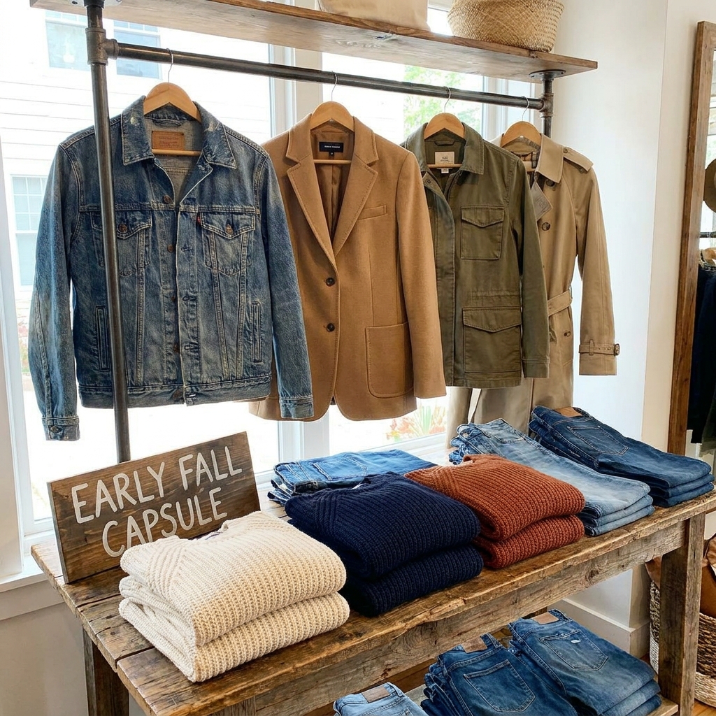 Four early fall outerwear options hanging side by side: a denim jacket, a camel blazer, an olive utility jacket, and a beige trench, with folded sweaters and jeans displayed on the table beneath them.