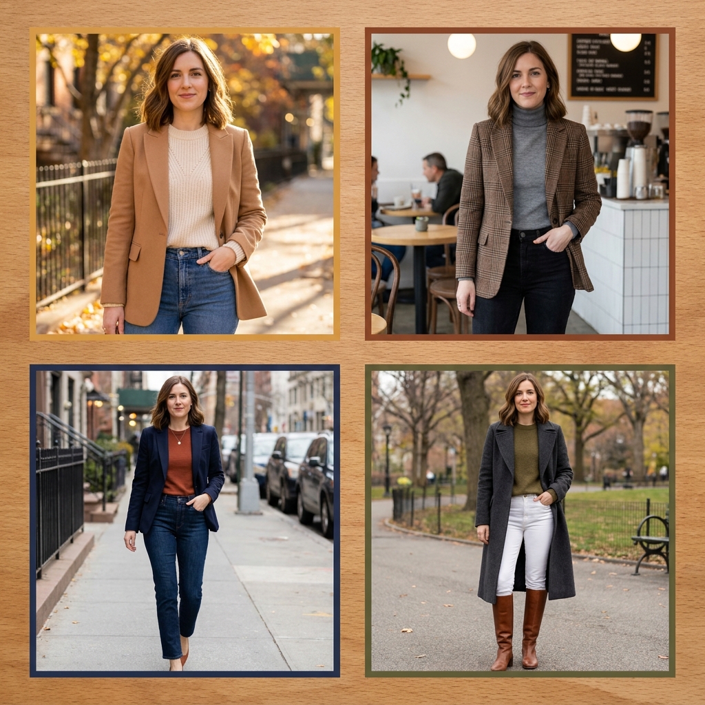 Four outfit combinations built from the same early fall capsule pieces, each pairing a blazer or coat with a sweater, jeans, and boots.