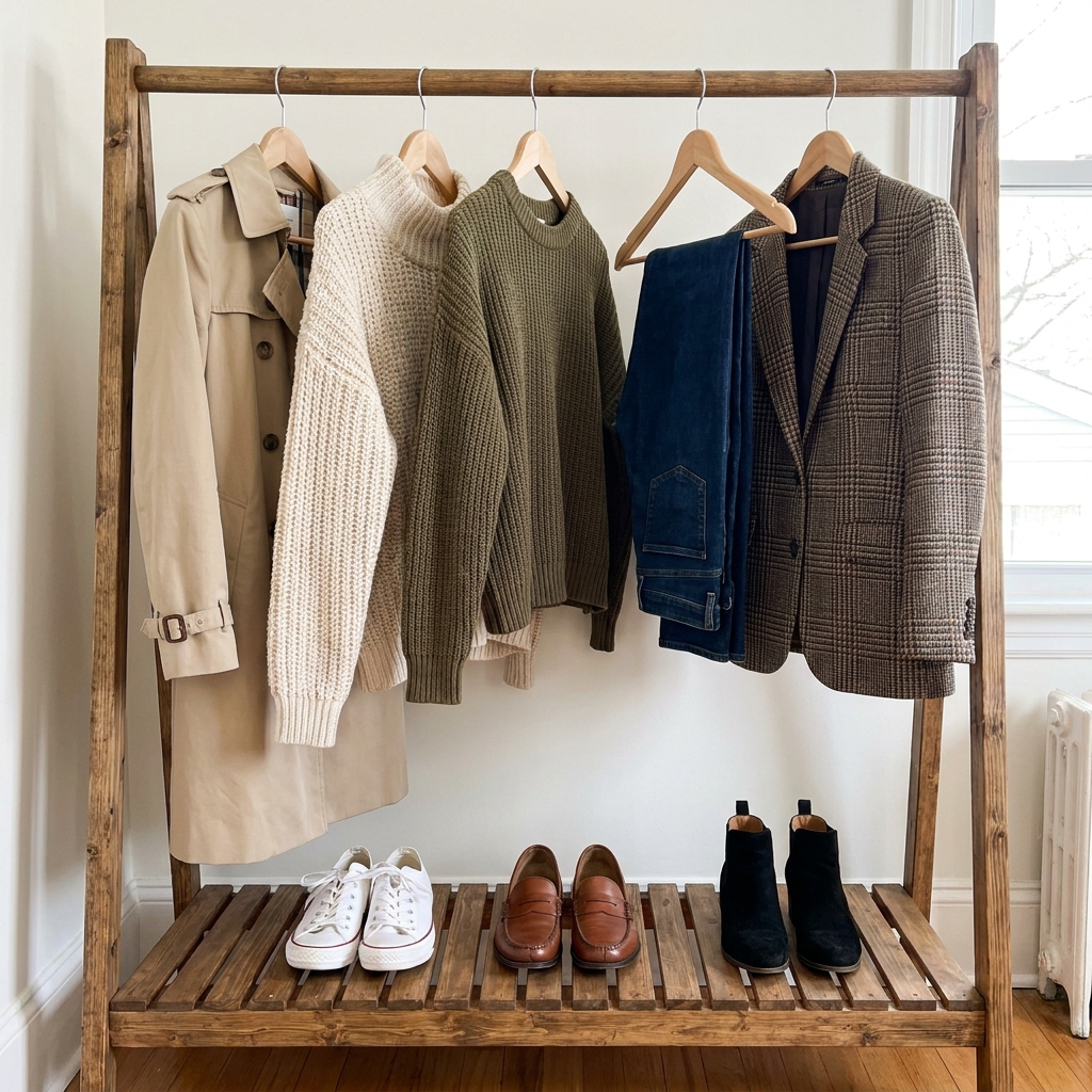 A clothing rack showing an early fall capsule of outerwear and sweaters above a shelf of white sneakers, brown loafers, and black suede booties.