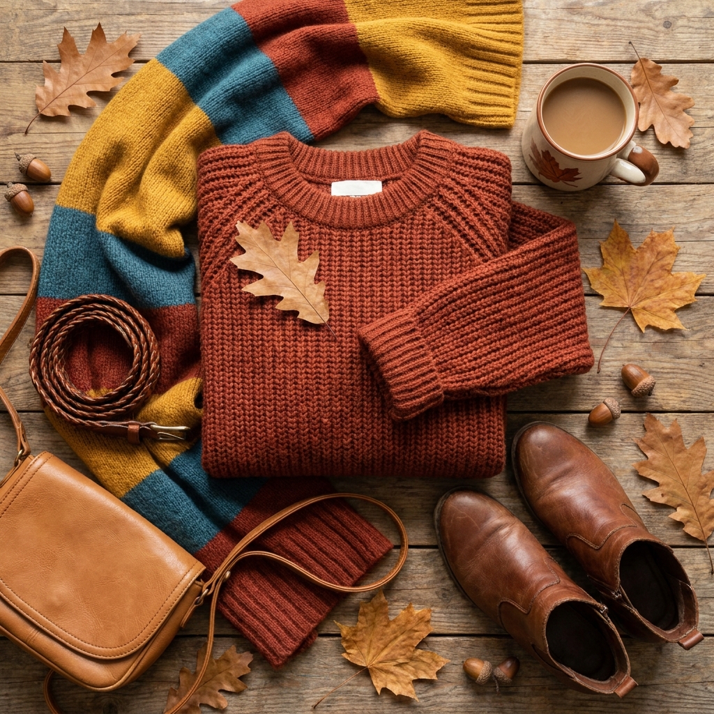 A flatlay of early fall accessories, including a rust sweater, a striped scarf, a woven leather belt, ankle boots, and a tan crossbody bag.