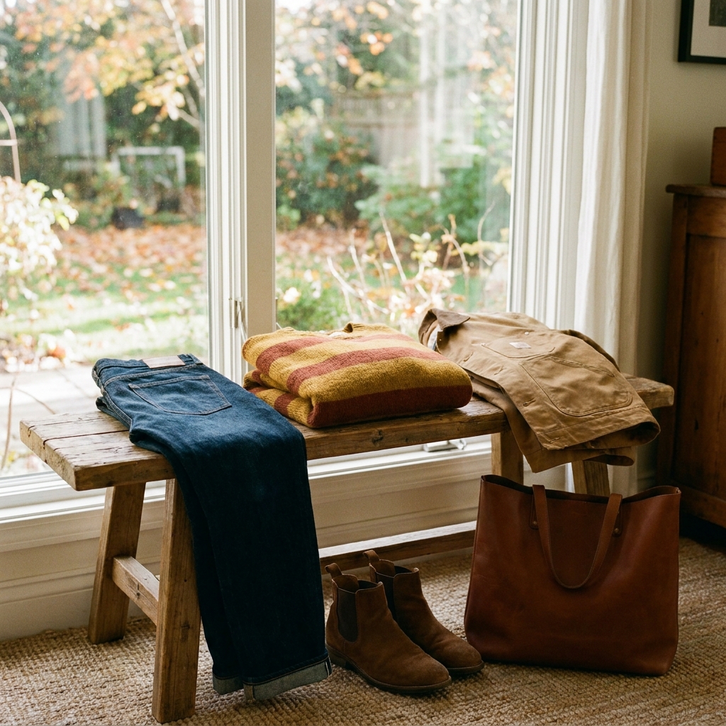 An early fall outfit laid out on a bench, including jeans, a striped sweater, a tan jacket, ankle boots, and a leather tote bag.