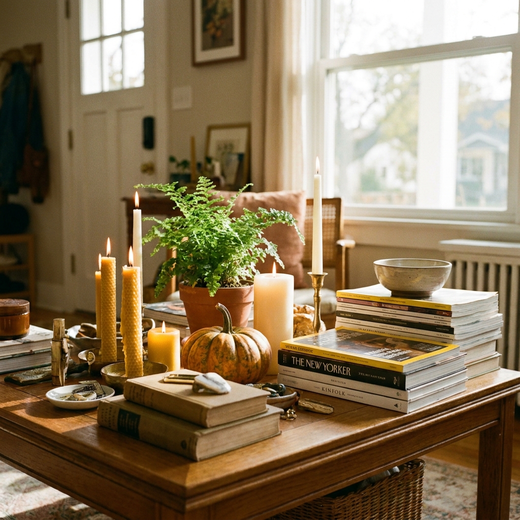 A wooden tray with stacked books and a candle anchoring a coffee table arrangement.