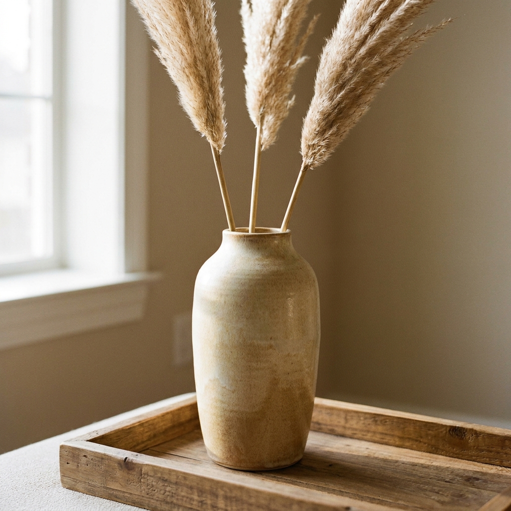 A tall vase with dried pampas grass stems as the focal point on a styled coffee table.