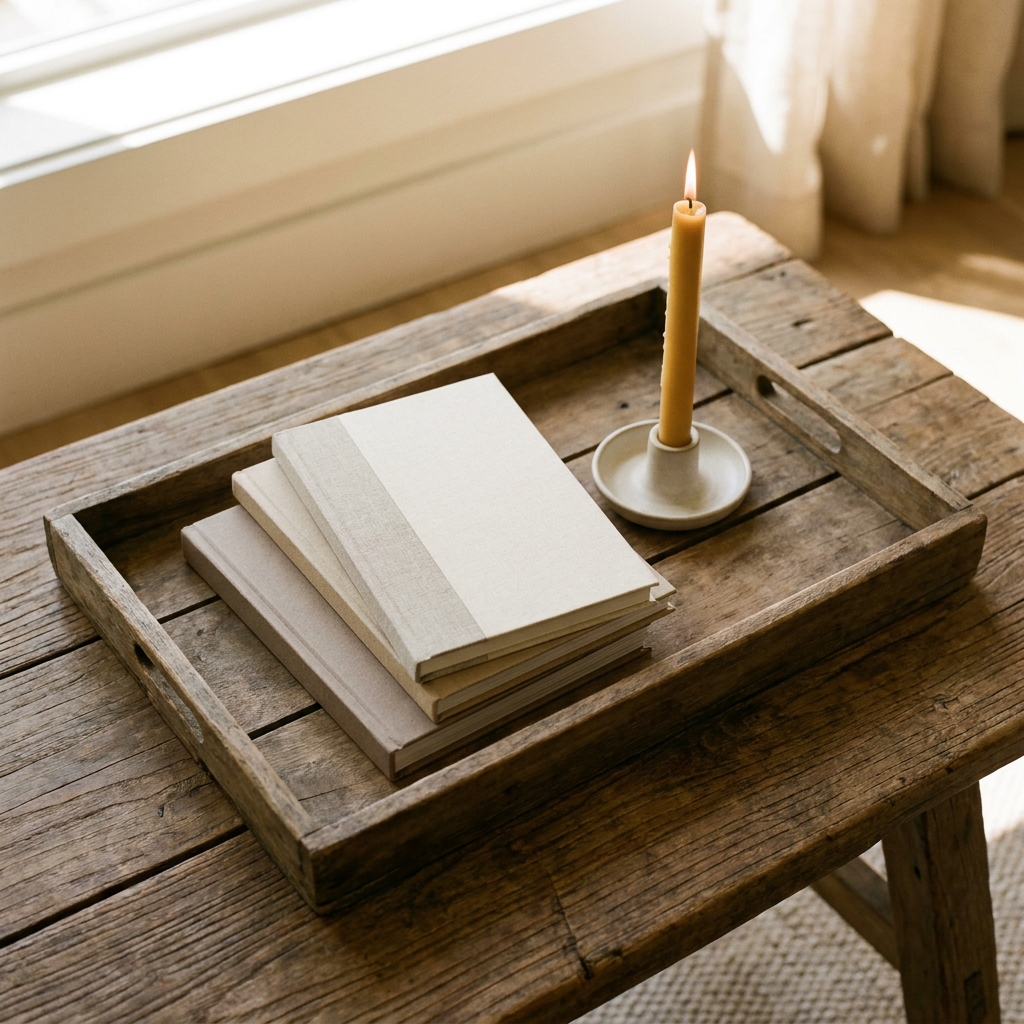 A coffee table grouping with a low tray, mid-height books, and a taller candle showing height variation.