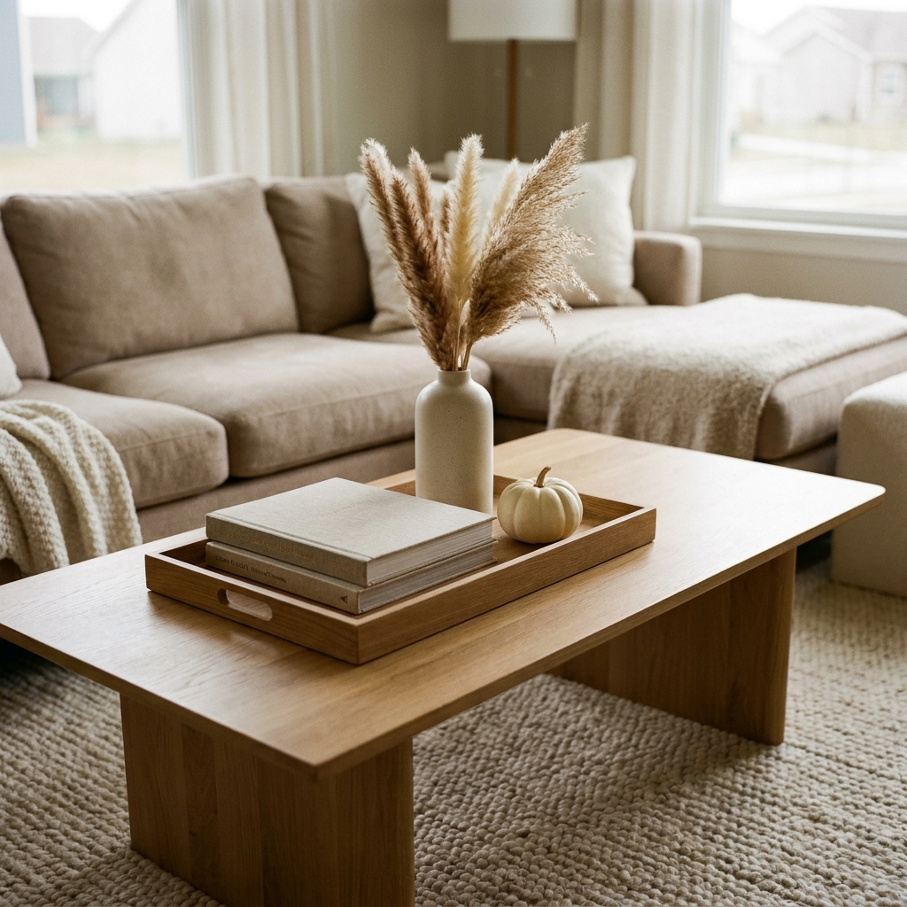 A finished living room coffee table styled simply for fall with visible open space.