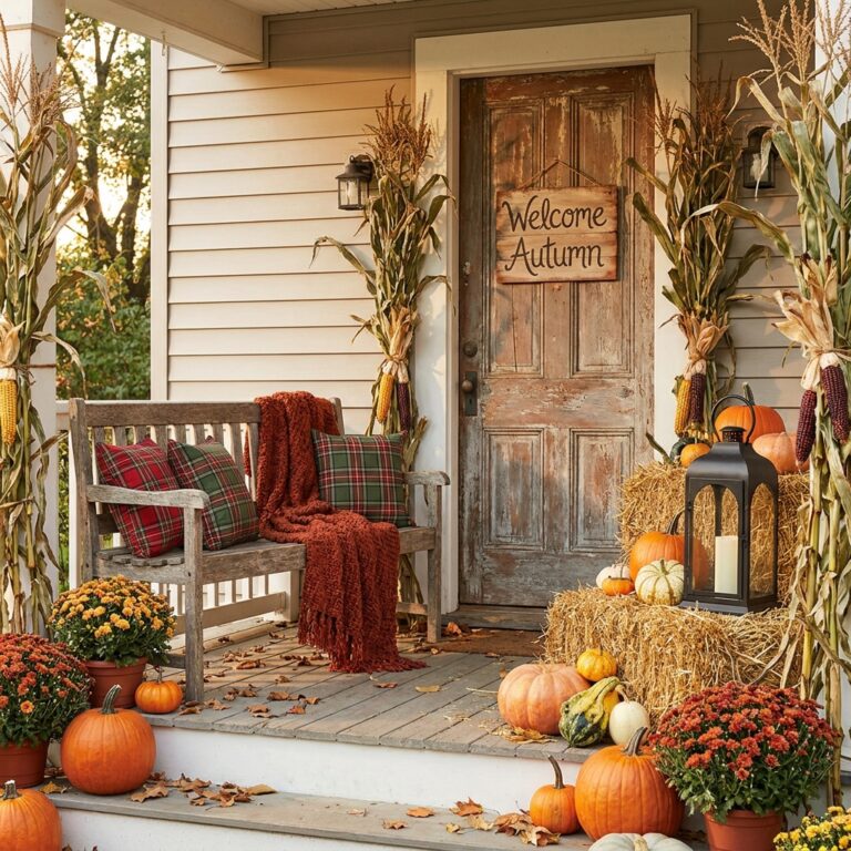 A front porch bench layered with plaid pillows and a rust colored throw, flanked by dried corn stalks, with hay bales of pumpkins and gourds on either side of the steps