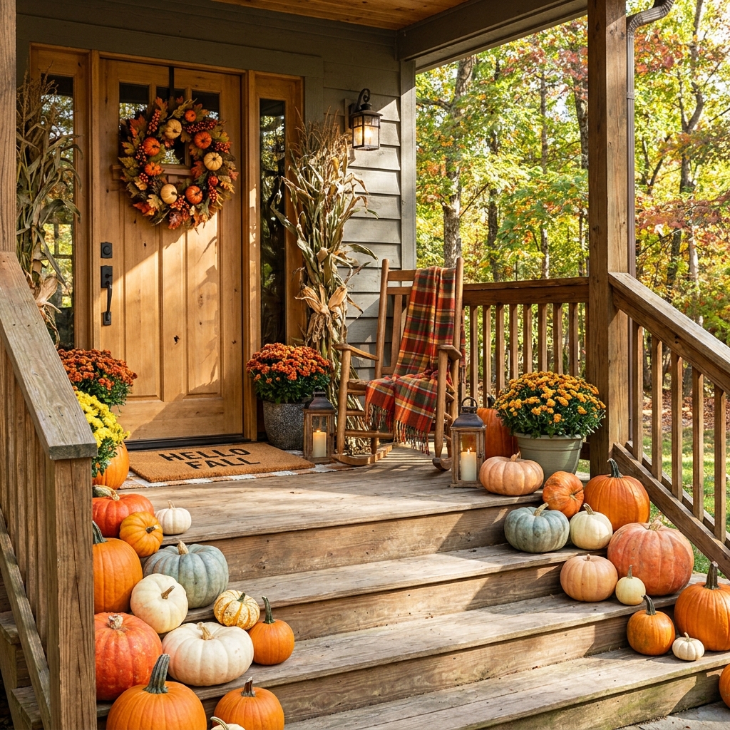 Front porch steps layered with pumpkins and gourds in orange, cream, and pale blue-green, with a "Hello Fall" welcome mat at the base and a plaid throw over a rocking chair to the side