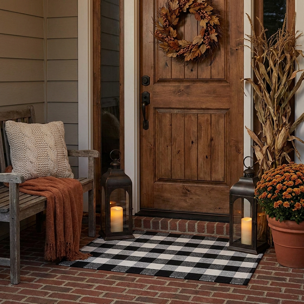 A buffalo plaid welcome mat surrounded by ornate metal lanterns with flameless candles, next to a bench with a cream knit pillow and rust colored throw