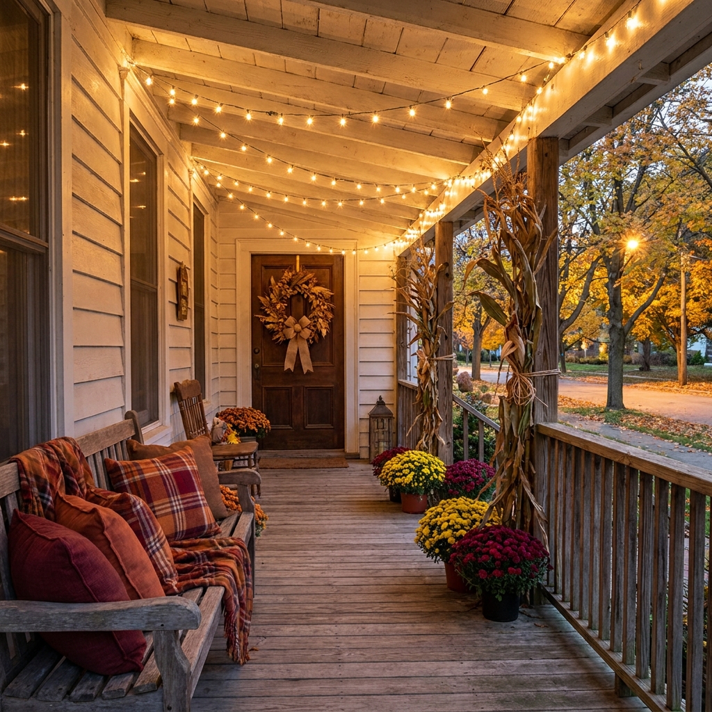 A long front porch strung with warm string lights, a bench with plaid pillows near the door, and potted mums and corn stalks lining the railing along the length of the porch.