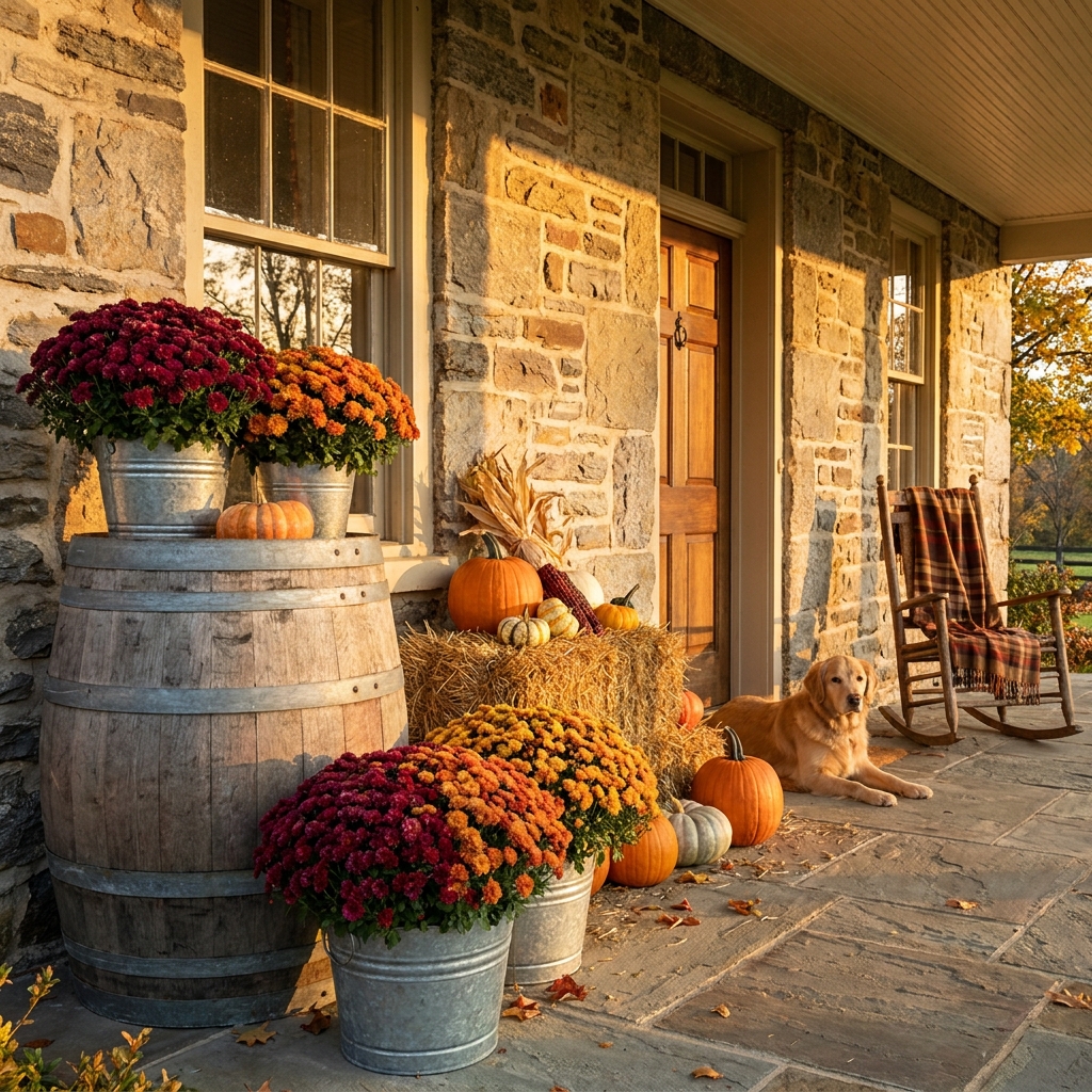 A stone farmhouse porch at golden hour with a wine barrel and galvanized metal buckets overflowing with burgundy, orange, and gold mums, a golden retriever resting near the front door.