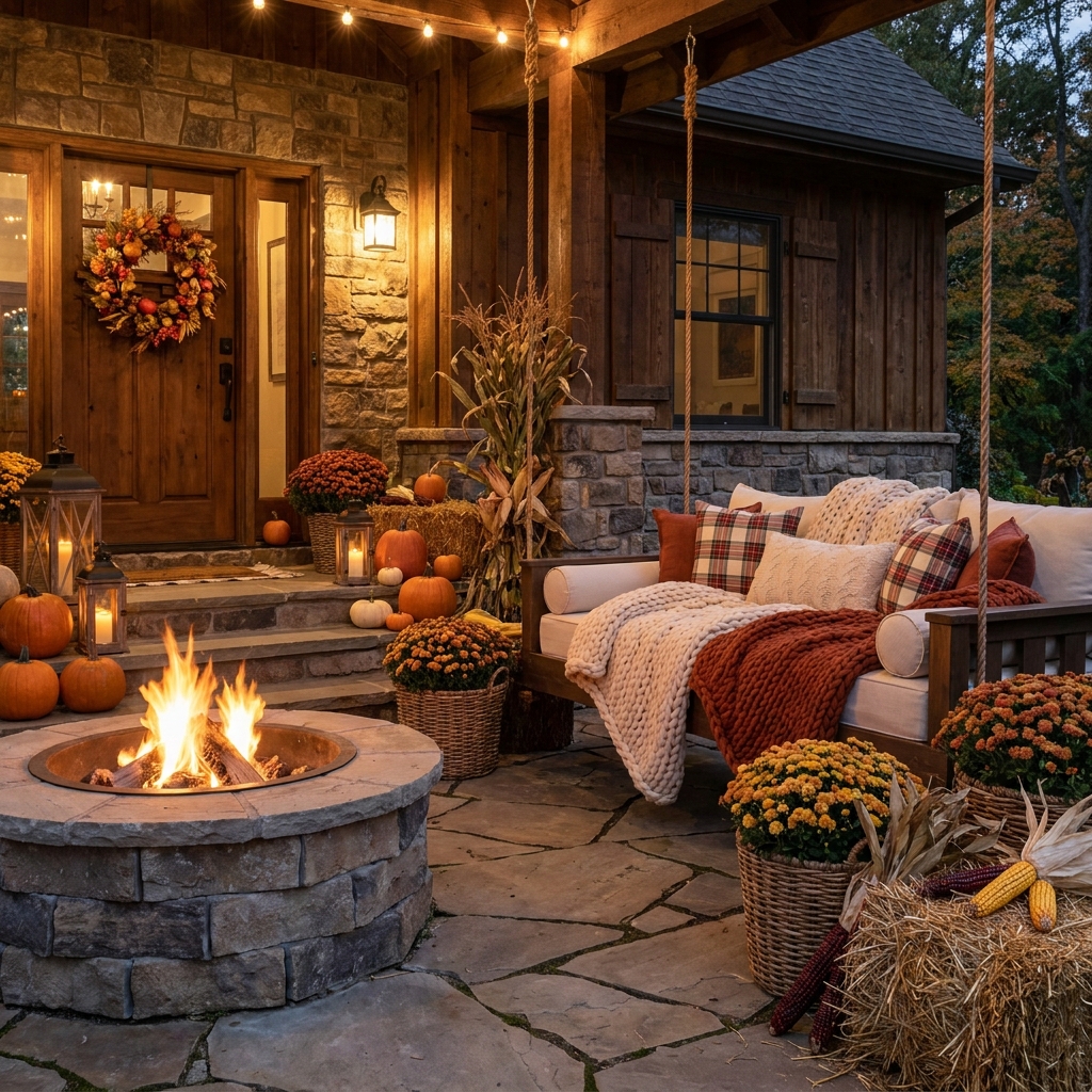 A porch swing bed at dusk layered with chunky knit blankets and plaid pillows, next to a lit fire pit, with mums in woven baskets and lanterns glowing along the steps.