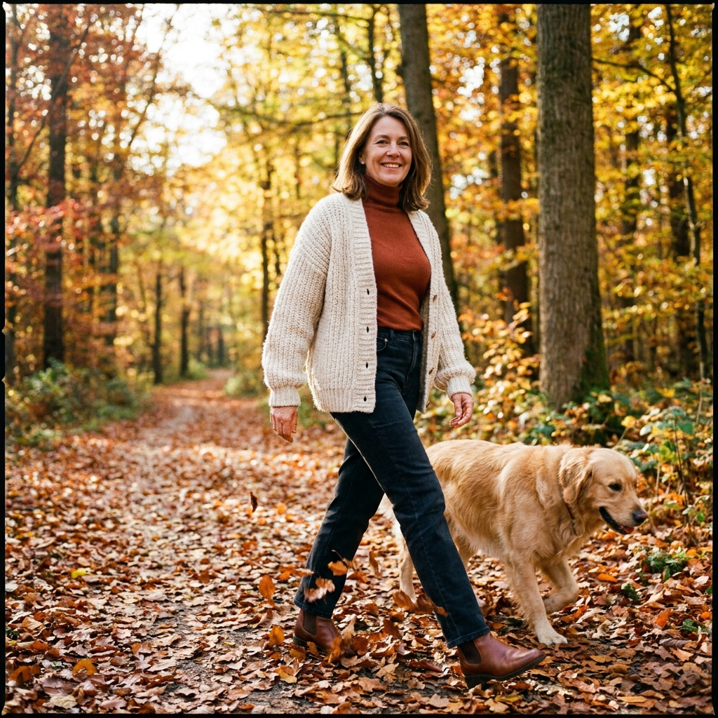 A woman in a cream cable-knit cardigan, rust turtleneck, and dark straight-leg jeans, a striped scarf at her neck, walking along a path covered in fall leaves.
