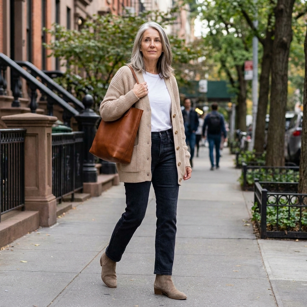 A woman on a city sidewalk in an oversized beige knit cardigan over a white tee, dark straight-leg jeans, and taupe suede ankle booties, carrying a brown leather tote.