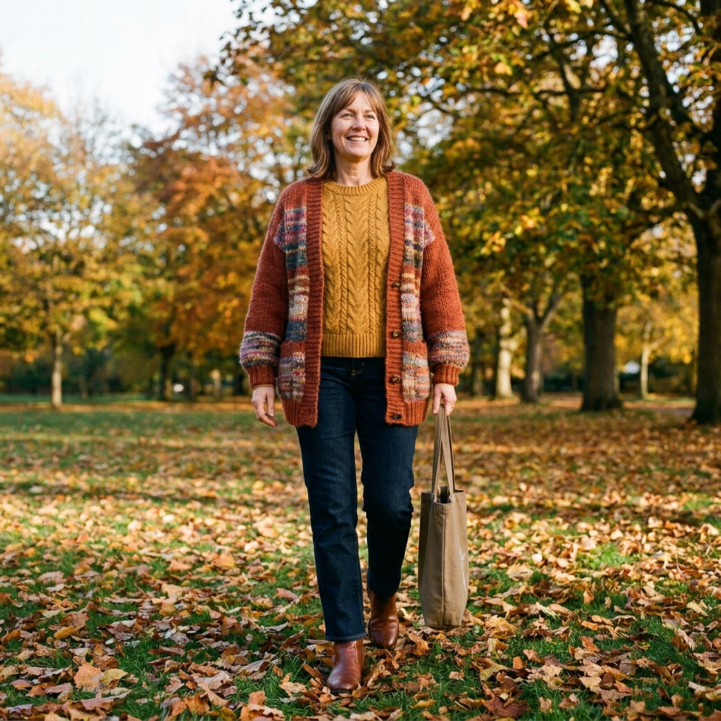A woman smiling in a park, wearing a rust and multicolor striped cardigan layered over a mustard cable-knit sweater, dark straight-leg jeans, and brown leather ankle boots.