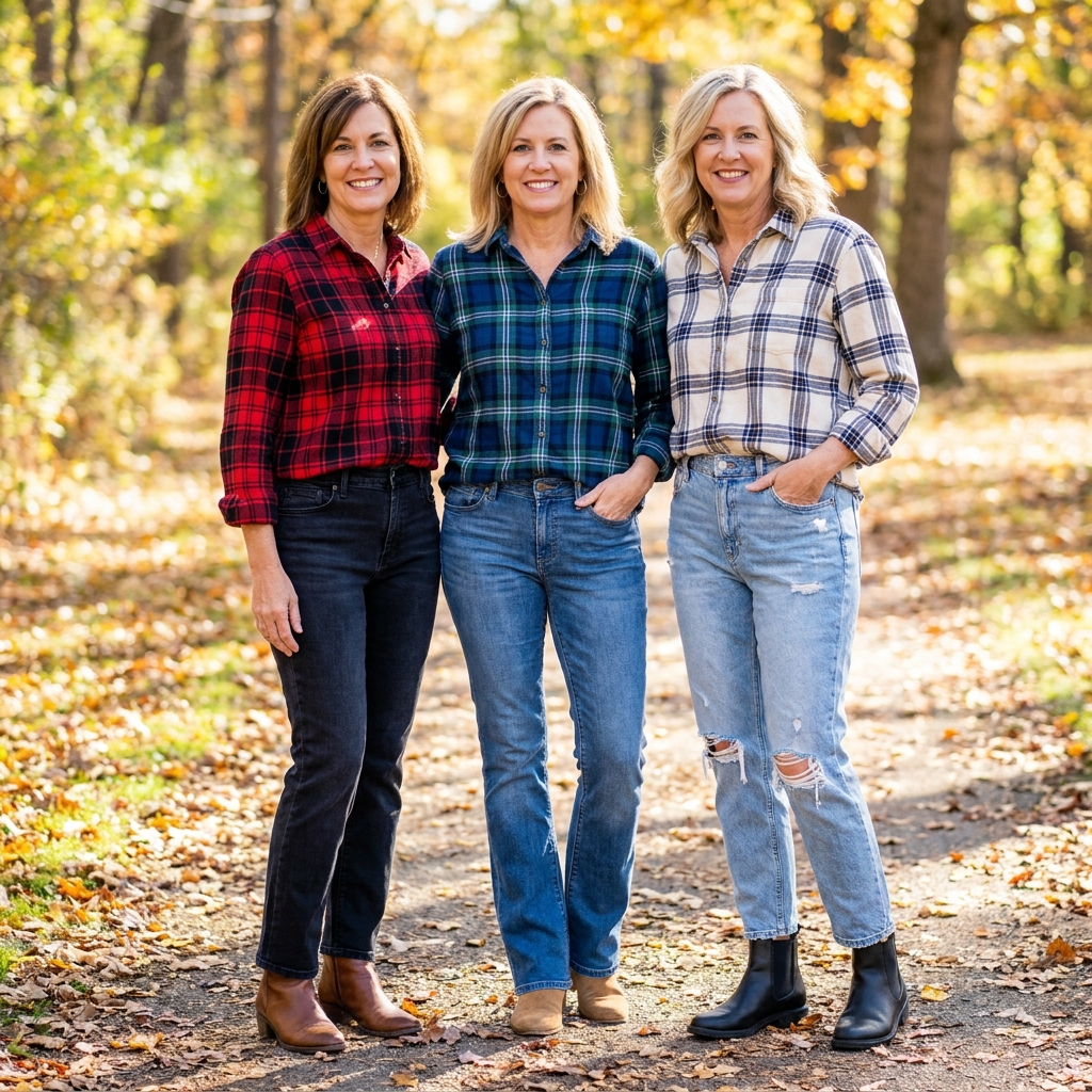 Three women wearing plaid flannel shirts, each styled with a different jean shape: straight leg with a scarf, bootcut leaning on a fence, and light-wash distressed mom jeans on a cobblestone street.