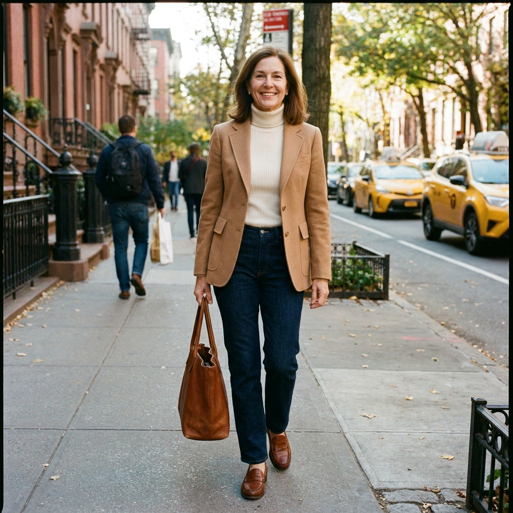 A woman walking down a tree-lined city street in a camel blazer over a cream turtleneck, dark straight-leg jeans, and brown leather penny loafers, carrying a tan leather tote.