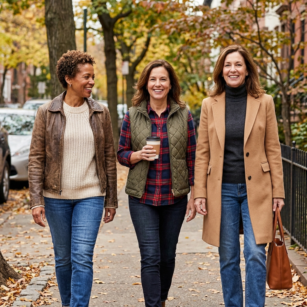 Three women in different fall outerwear paired with jeans and ankle boots: a brown leather jacket over a cream sweater, an olive quilted vest over a plaid flannel shirt, and a camel wool coat over a charcoal turtleneck.