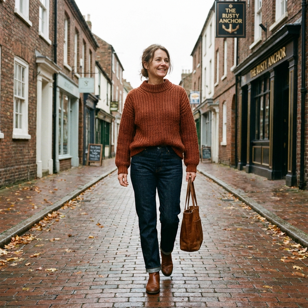 A woman walking down a brick-lined street in a rust chunky knit sweater, dark straight-leg jeans, and brown leather ankle boots.