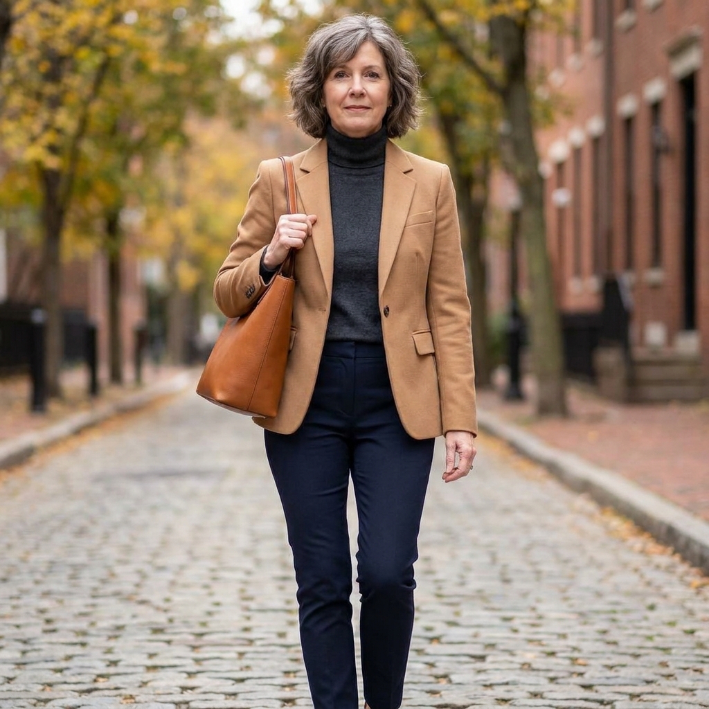 A woman wears a camel blazer over a dark turtleneck with tailored navy trousers and brown suede loafers, standing on a tree-lined cobblestone street with fall foliage in the background.