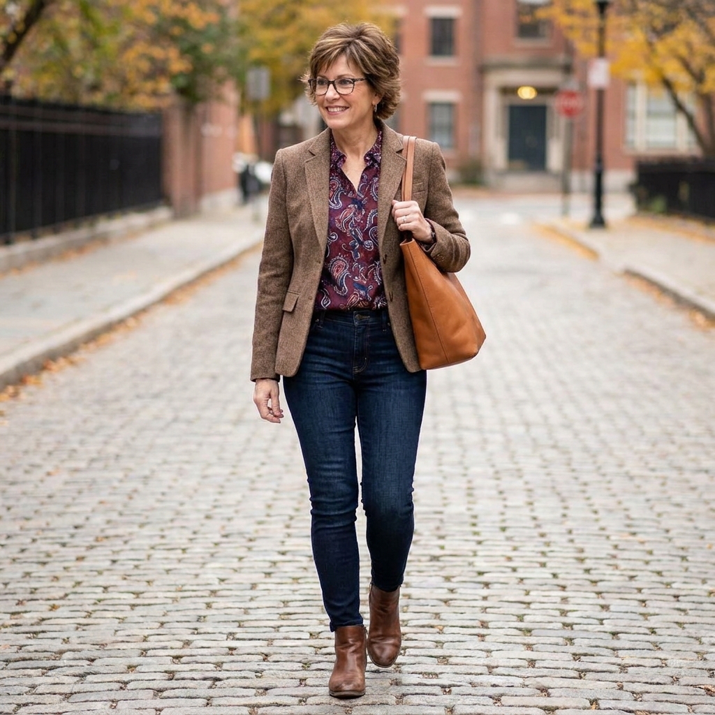 A woman wears a brown tweed blazer over a jewel-toned patterned blouse with dark skinny jeans and brown ankle boots, walking on a leaf-covered sidewalk.