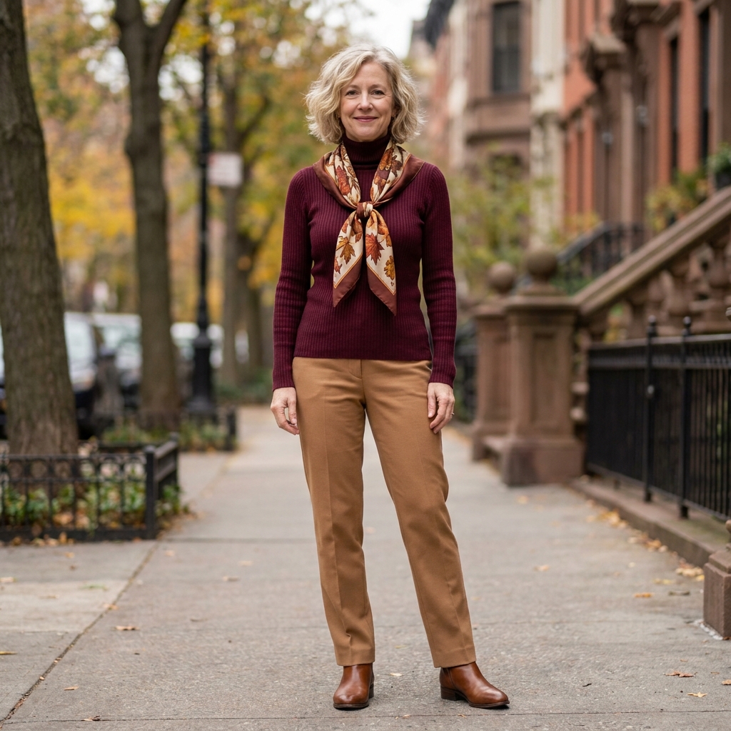 A woman wears a burgundy ribbed turtleneck sweater, a brown and cream patterned scarf, camel tailored trousers, and brown ankle boots on a residential street.