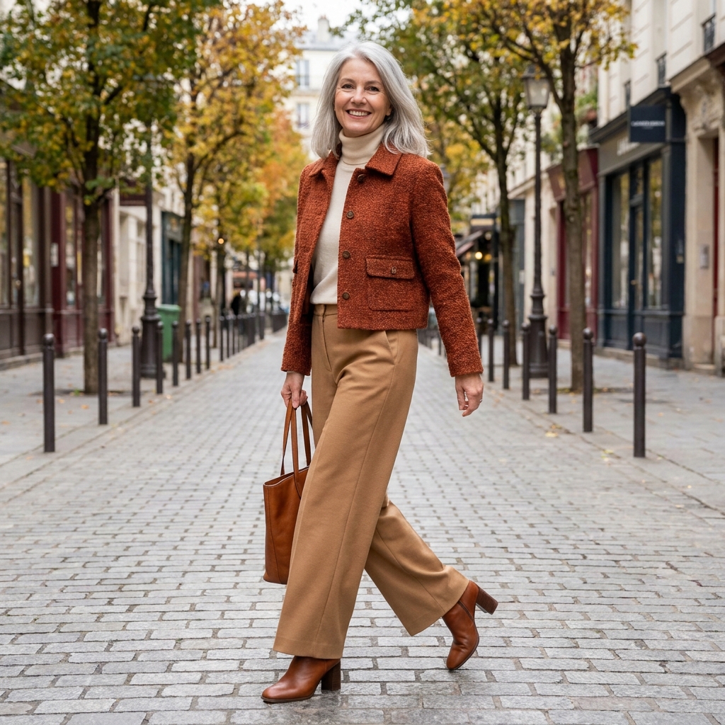 A woman wears a rust-colored cropped tweed blazer over a cream turtleneck with wide-leg camel trousers and brown heeled ankle boots, walking past a row of brownstone buildings.