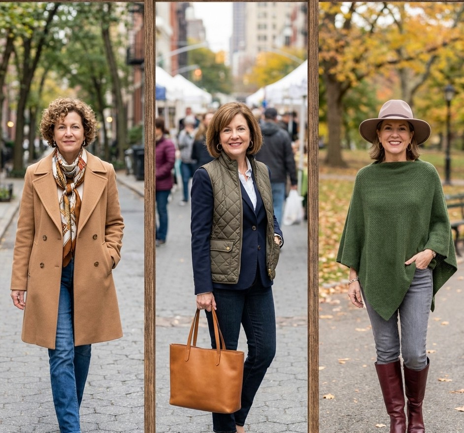Three outerwear options for fall: a camel wool coat with a scarf, a quilted olive vest layered over a navy blazer, and a green knit poncho with a wide-brim hat, each paired with denim.