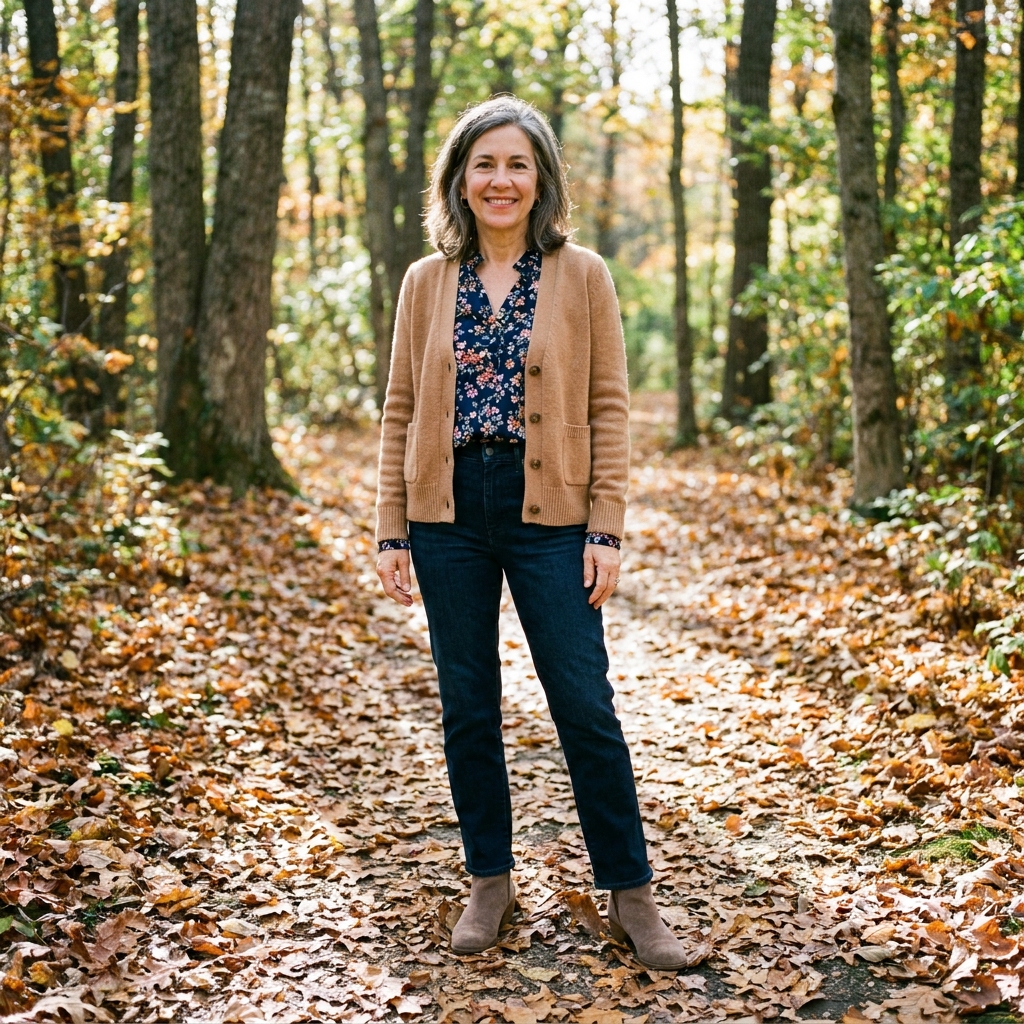A woman wears a camel cardigan over a floral navy blouse with dark straight-leg jeans and taupe suede ankle boots on a park path lined with fall leaves.