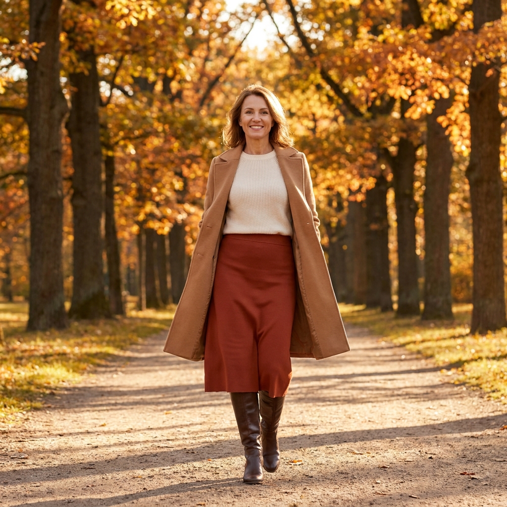 A woman walking through a fall park in a rust midi skirt, cream sweater, and knee-high brown boots.