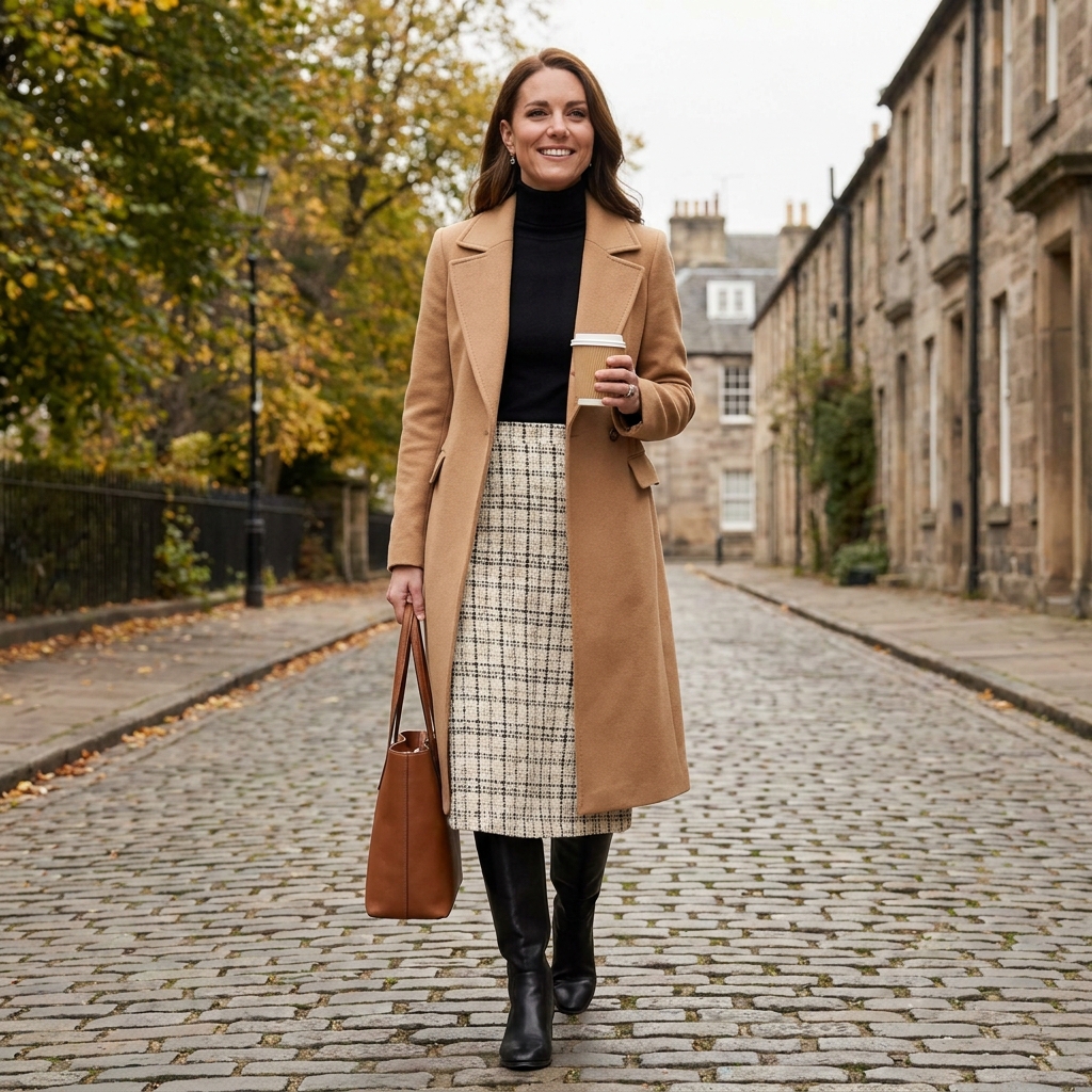 A woman in a tweed skirt, turtleneck, knee-high boots, and a camel statement coat outdoors.