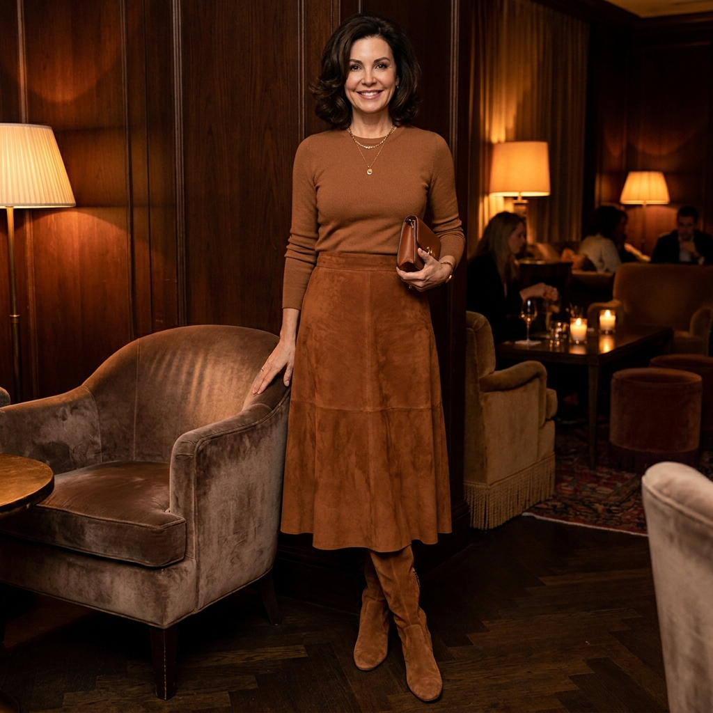 A woman in a monochrome cognac suede skirt and over-the-knee boots for an evening out.