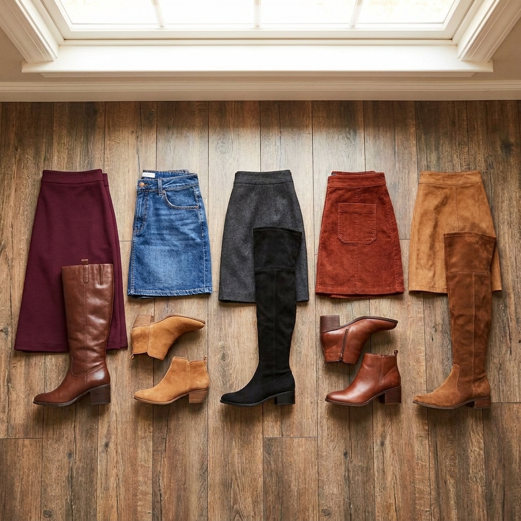 A flat lay of five fall skirts paired with their matching boots, arranged in a row on a wood floor.