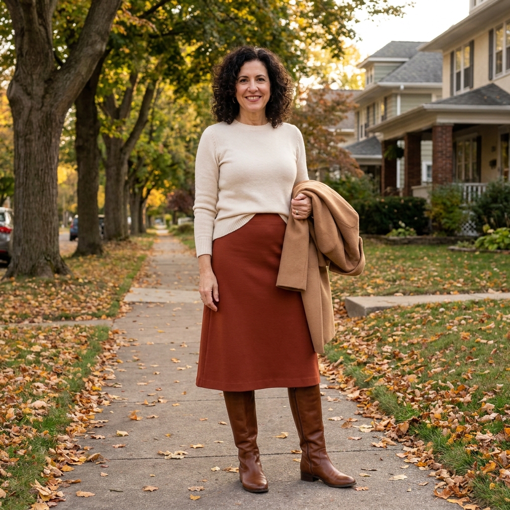 A woman in a rust midi skirt and brown knee-high boots on a tree-lined sidewalk.
