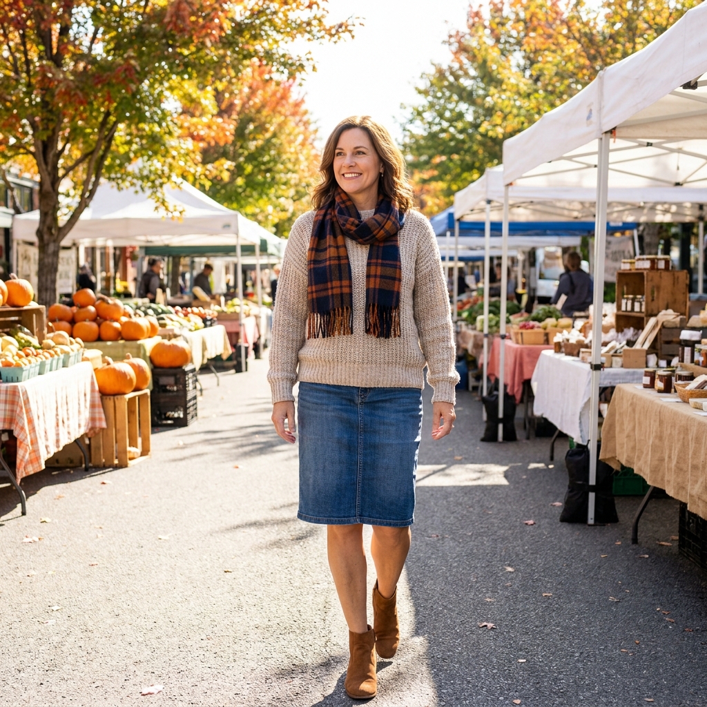 A woman at a fall farmers market wearing a denim skirt, chunky sweater, and suede ankle boots.
