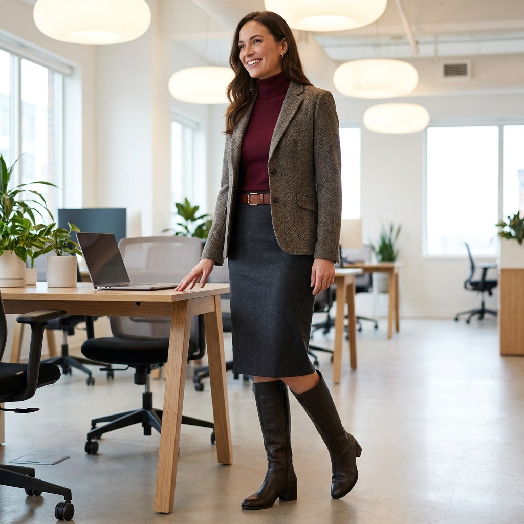 A woman in a charcoal pencil skirt, turtleneck, and knee-high boots in an office setting.
