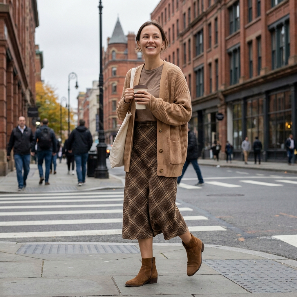 A woman in a plaid midi skirt, oversized cardigan, and ankle boots running weekend errands.