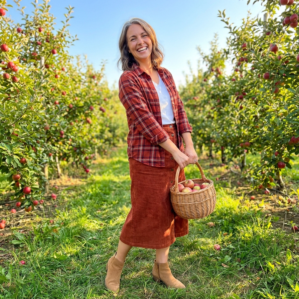  A woman at an apple orchard wearing a corduroy skirt, flannel shirt, and ankle boots.