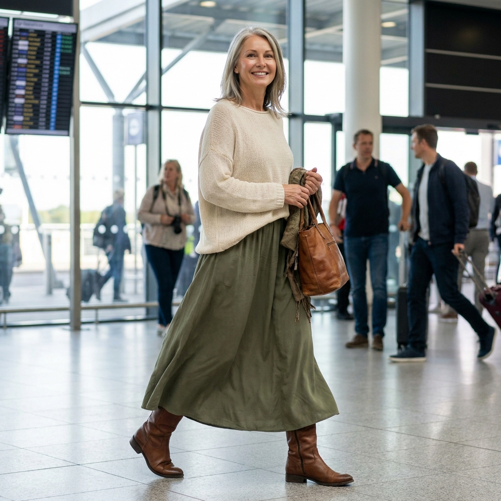 A woman walking through an airport in a flowy maxi skirt, oversized sweater, and flat riding boots.