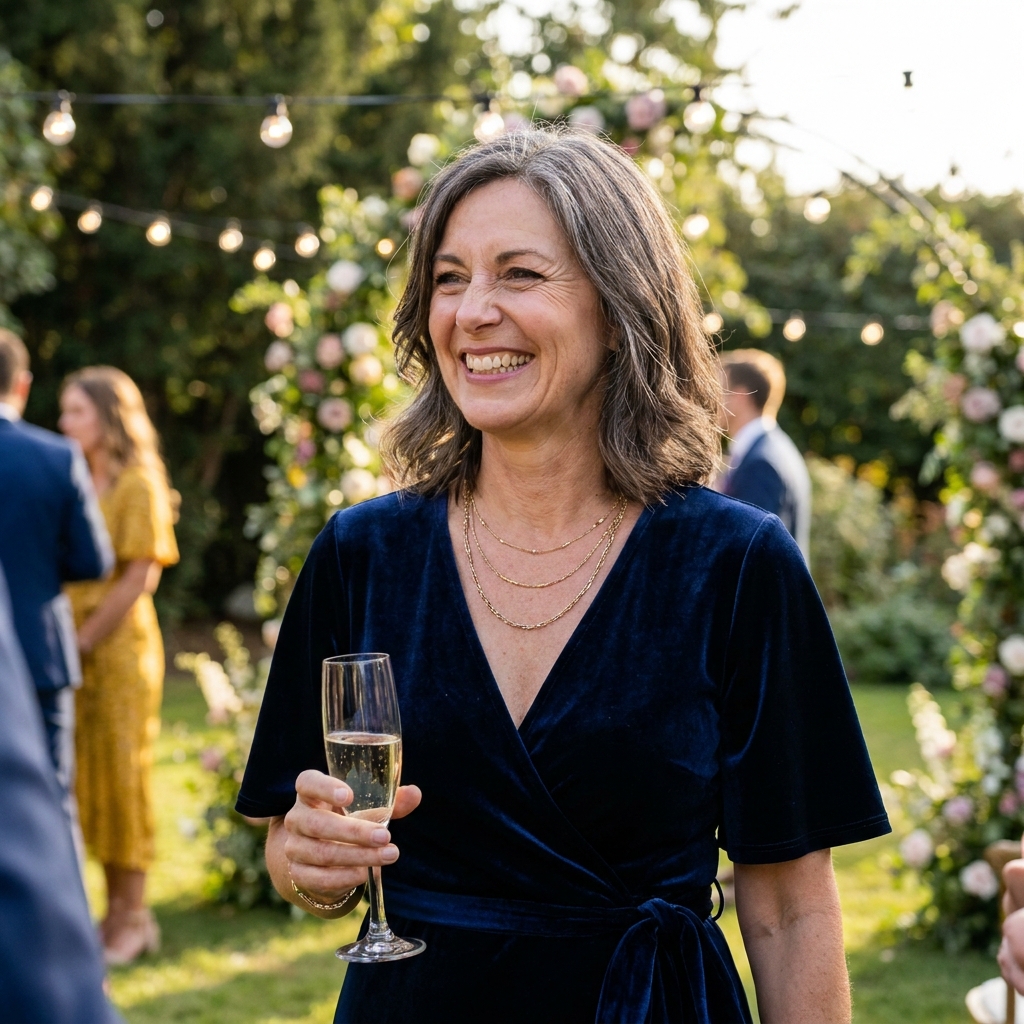 Woman in a long-sleeve navy velvet wrap dress and gold jewelry standing on a stone path at an outdoor fall wedding, autumn foliage in the background