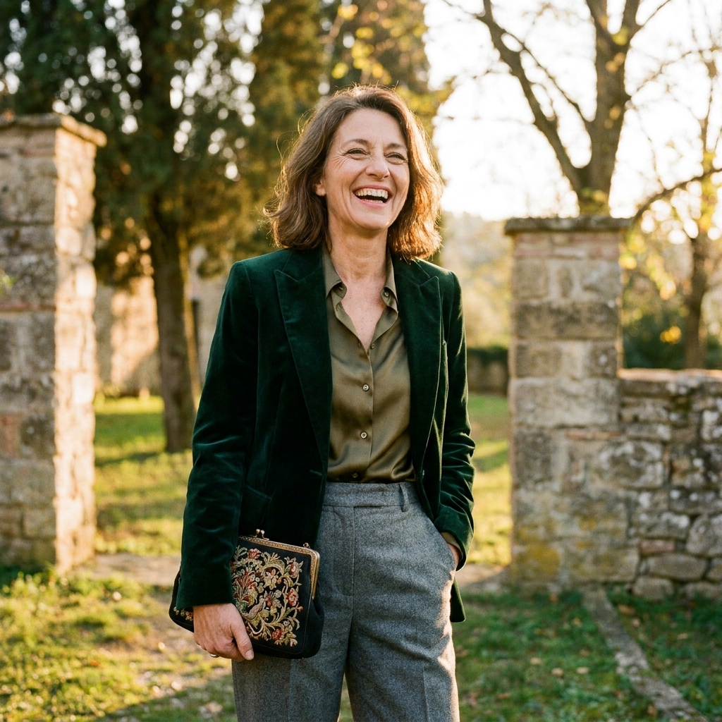 Woman in a green velvet blazer, satin shirt, and grey tailored trousers laughing at an outdoor wedding during golden hour.