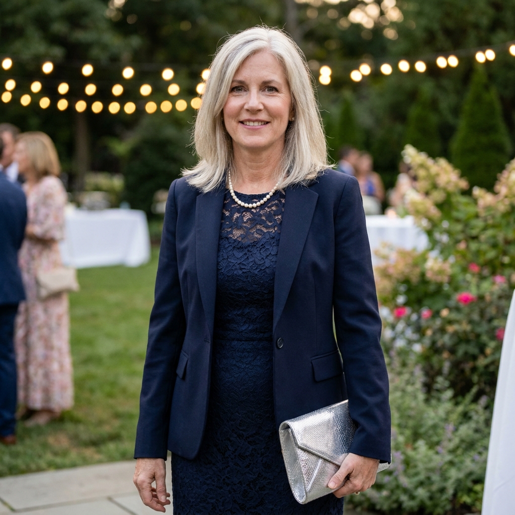 Woman in a navy lace dress and matching navy blazer with a pearl necklace, standing among autumn shrubs at an outdoor wedding reception.