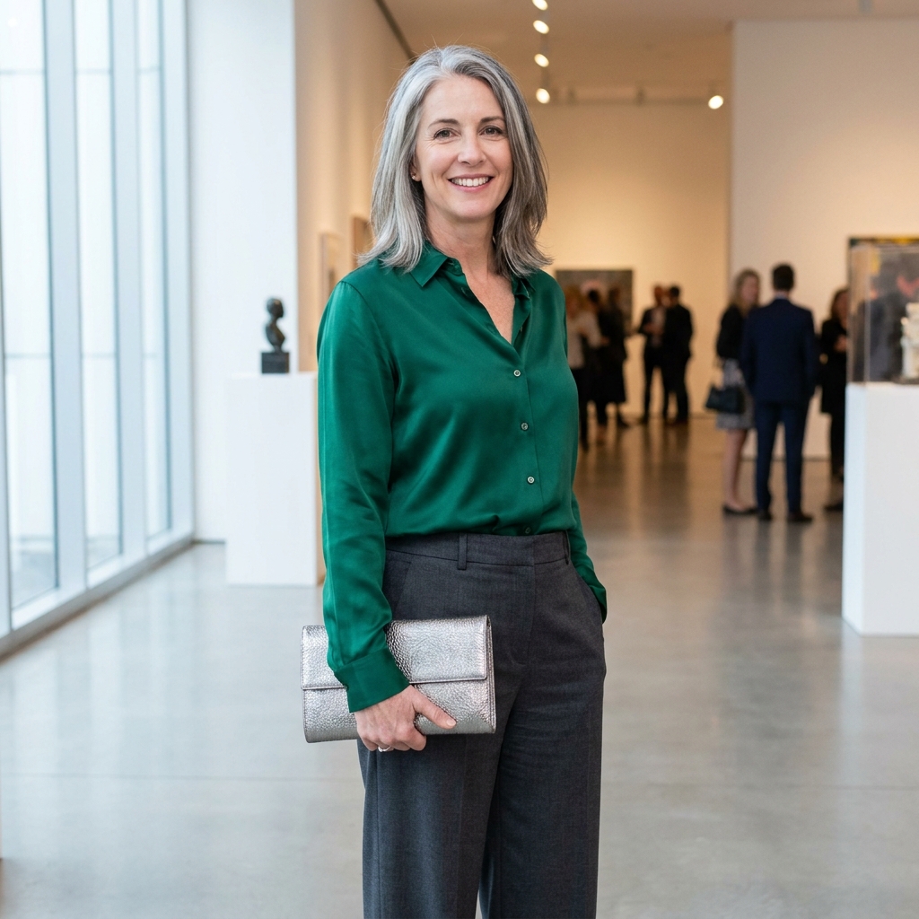 Woman in an emerald green satin blouse and charcoal wide-leg trousers standing on a stone terrace at an outdoor autumn event.