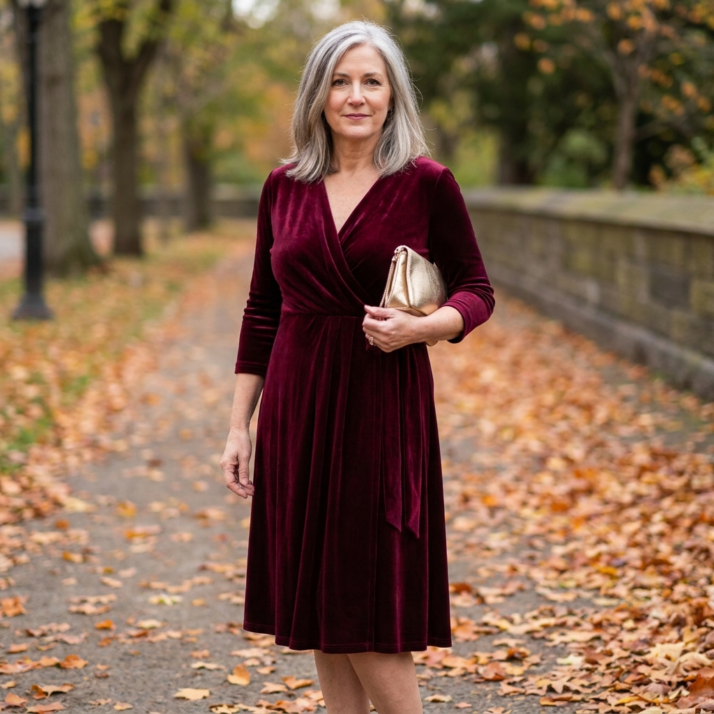 Woman in a pleated burgundy velvet wrap dress standing on a lawn covered in fallen autumn leaves at an outdoor wedding.