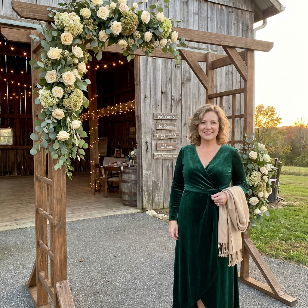 Woman in a green velvet wrap dress holding a beige pashmina, standing beside a floral arrangement at a barn wedding venue.