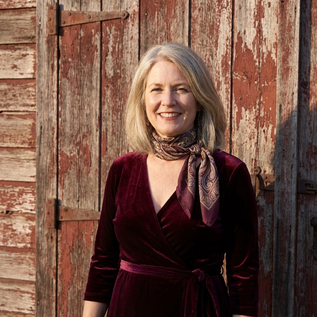 Woman in a burgundy velvet wrap dress with a patterned silk scarf tied at the neckline, standing outside a rustic barn venue with fallen leaves underfoot.