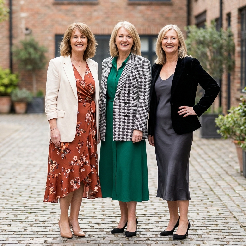 Three women standing outdoors in fall wedding guest outfits, each pairing a midi dress with a tailored blazer in a different color and fabric combination.