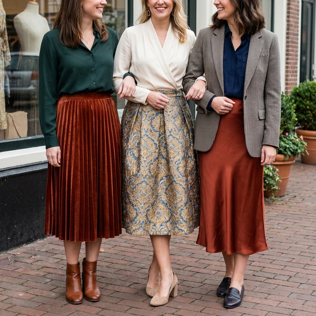 Three women standing outdoors wearing blouse and midi skirt combinations in fall colors, each finished with a different shoe style and layering piece.