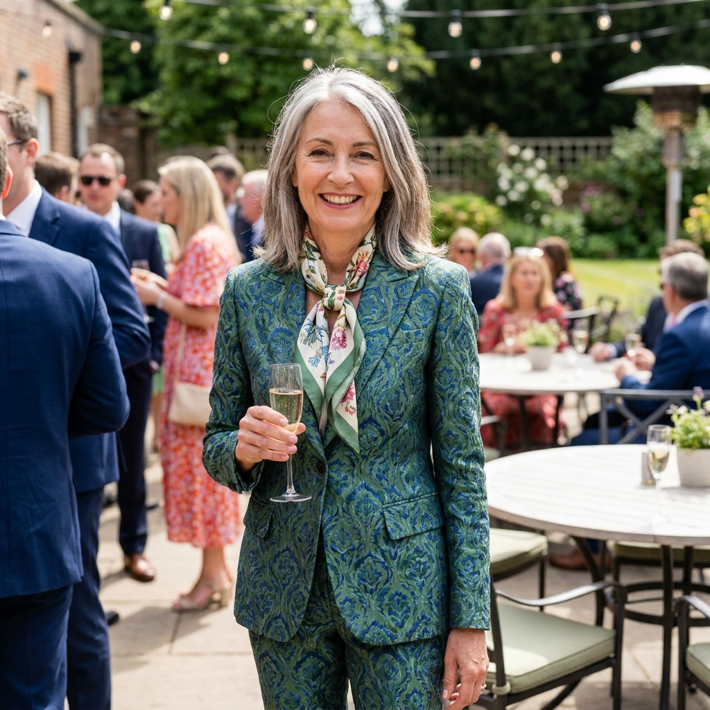 Woman in a jacquard patterned pantsuit and printed silk neck scarf holding a champagne glass at an outdoor wedding cocktail hour.