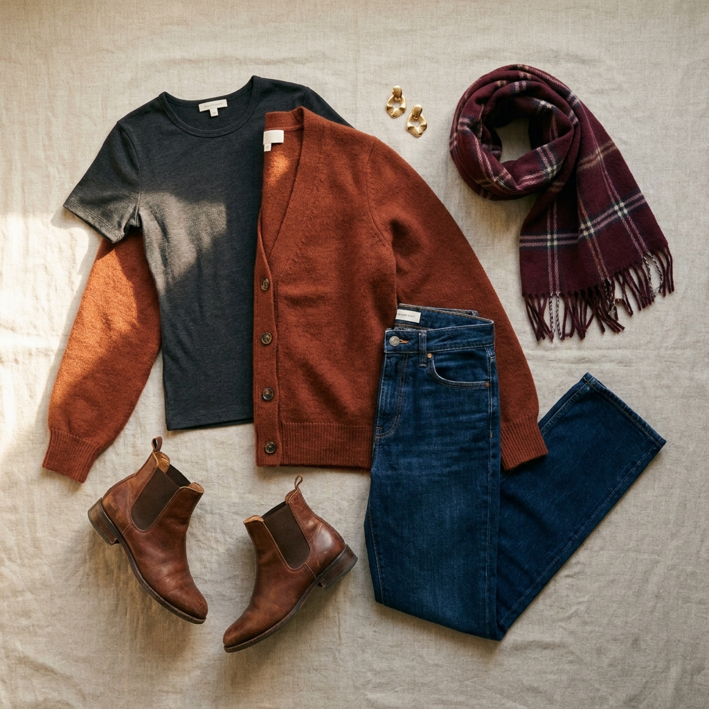 A flat lay of a fall outfit with a rust cardigan, charcoal top, dark denim, ankle boots, and a plaid scarf.