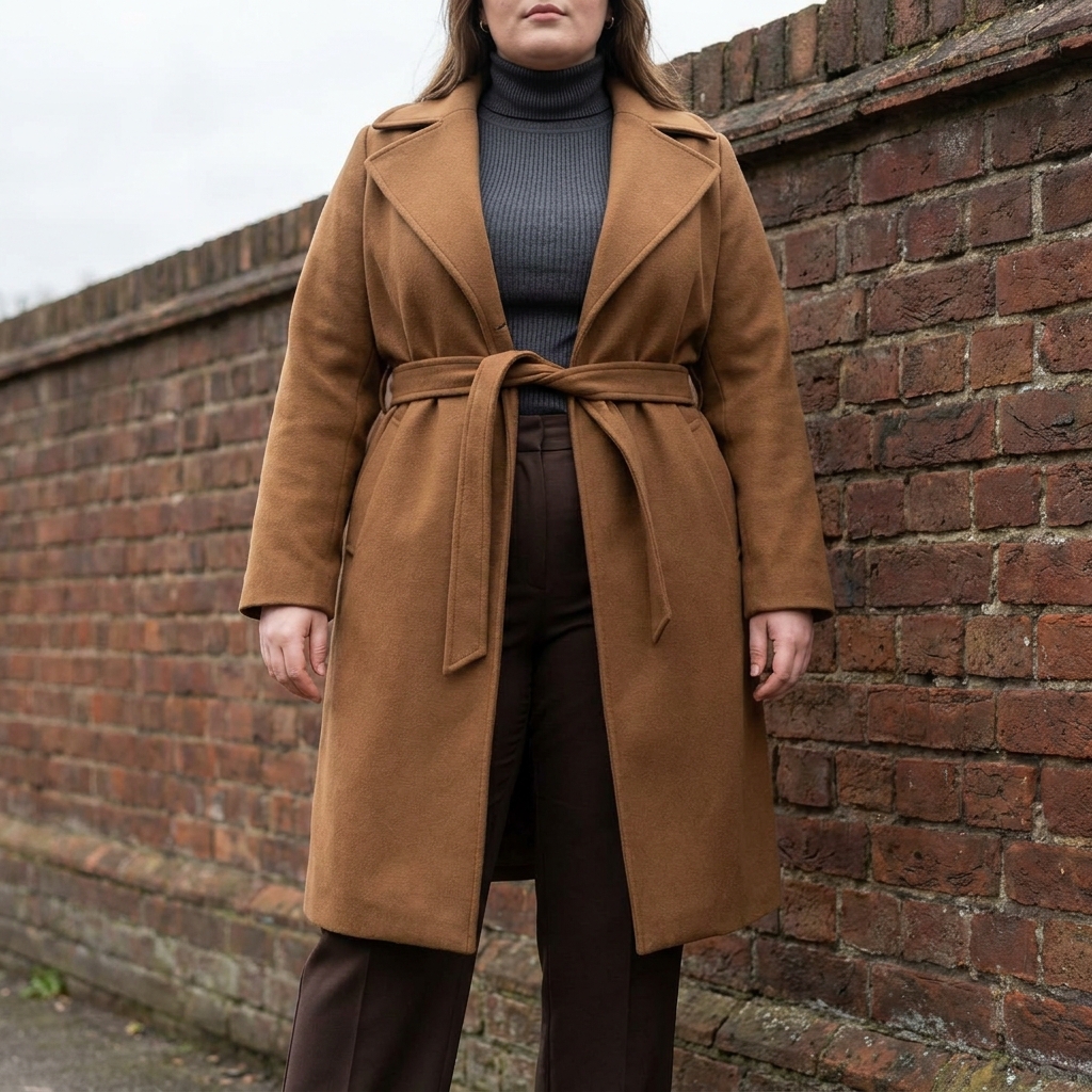 A belted wool coat worn over a fitted turtleneck and straight-leg trousers, showing waist definition.